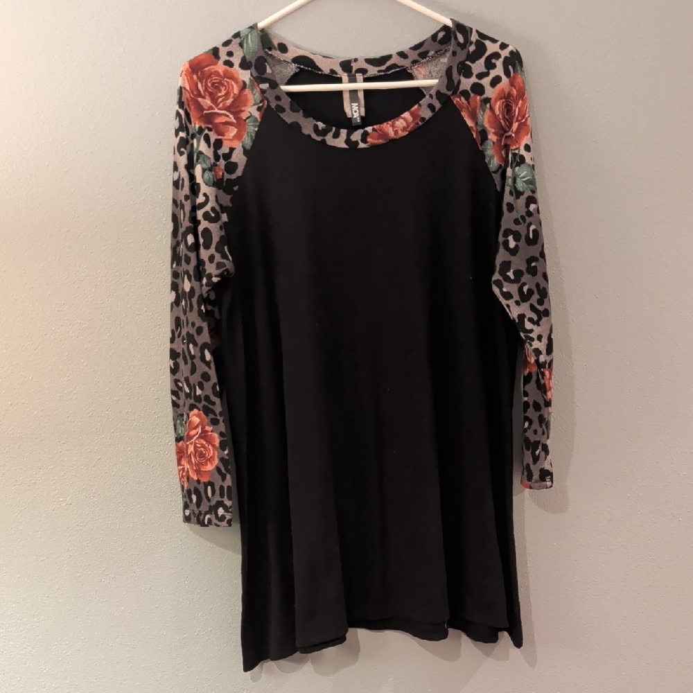 MOA USA Black Long Sleeve Top with Floral and Leopard Accents